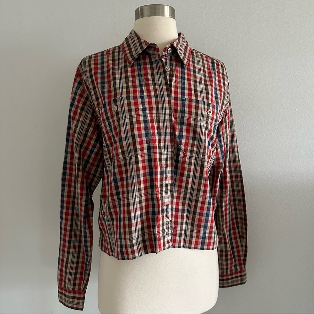Liz Claiborne Lizwear Plaid Checkered Cropped Shirt Waist Length M 100% Cotton